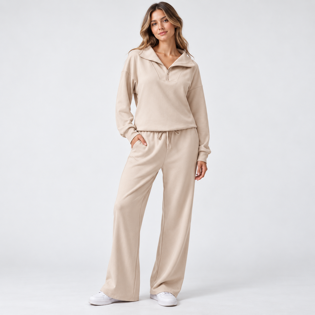 Women's Matching Set: Lapel Top & Wide Leg Pants