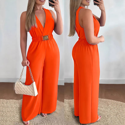 Womens Deep V-Neck Sleeveless Wide-Leg Jumpsuit