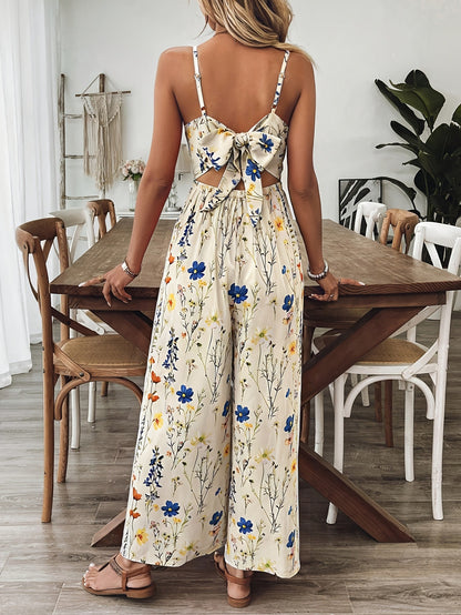 Floral Print Strap Jumpsuit with Back Tie Bow