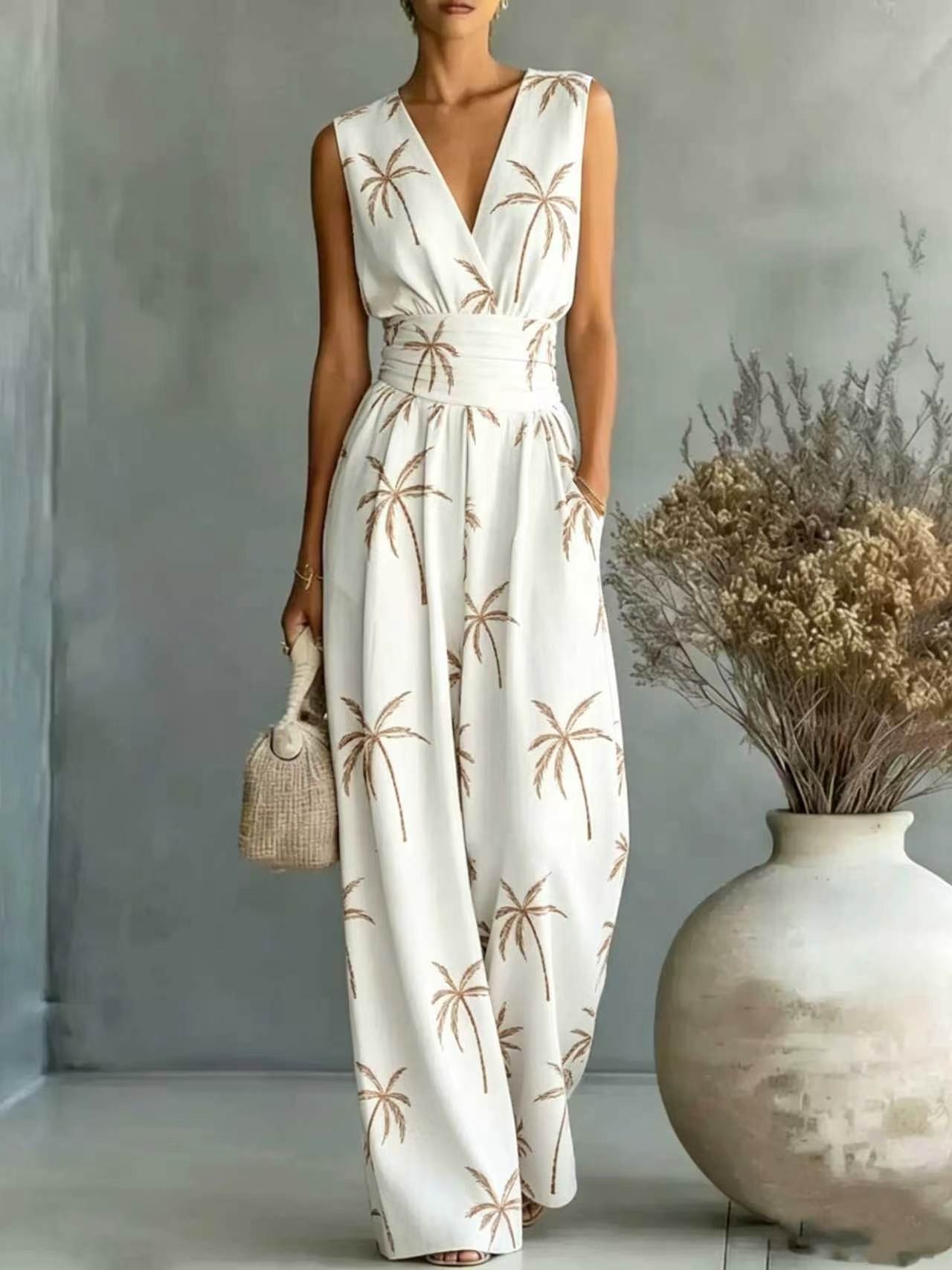 Womens Deep V-Neck Sleeveless Printed Jumpsuit
