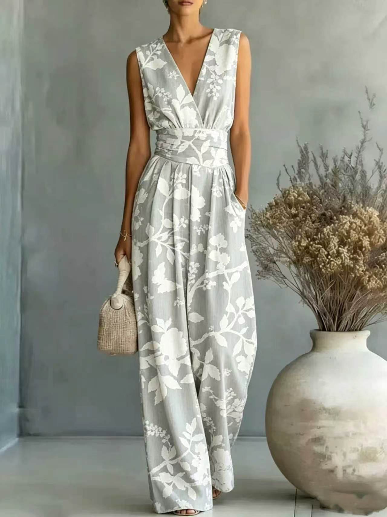 Womens Deep V-Neck Sleeveless Printed Jumpsuit