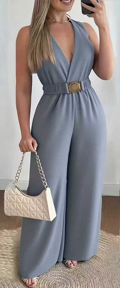 Womens Deep V-Neck Sleeveless Wide-Leg Jumpsuit