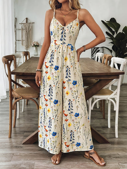 Floral Print Strap Jumpsuit with Back Tie Bow