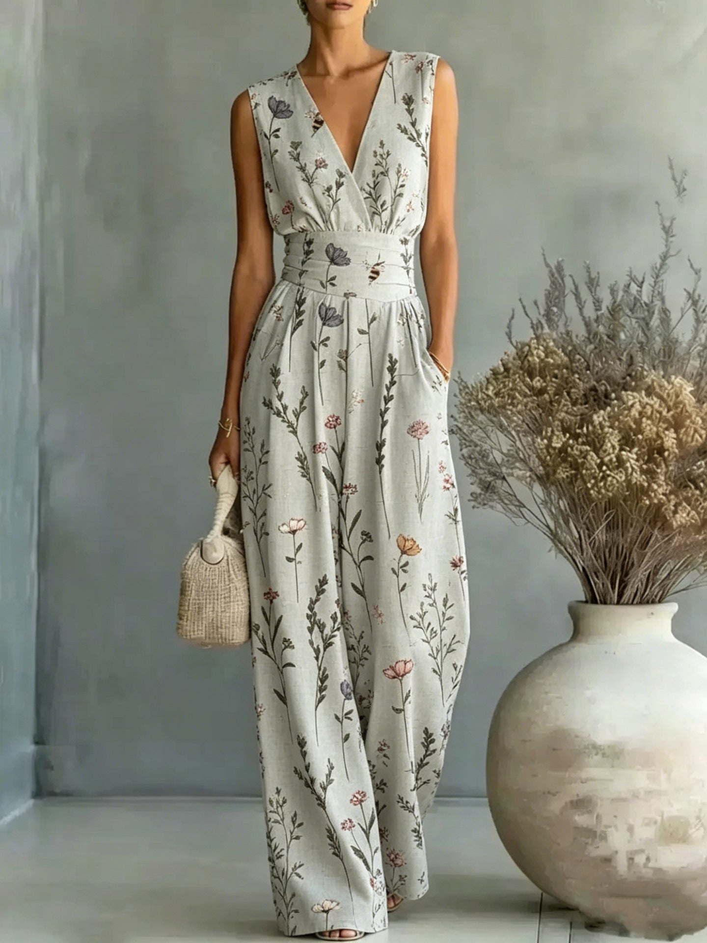 Womens Deep V-Neck Sleeveless Printed Jumpsuit