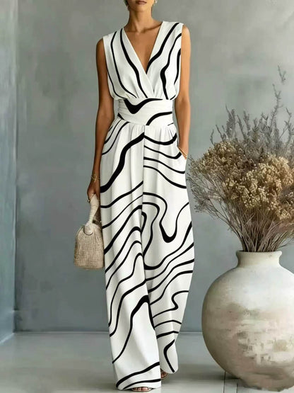 Womens Deep V-Neck Sleeveless Printed Jumpsuit