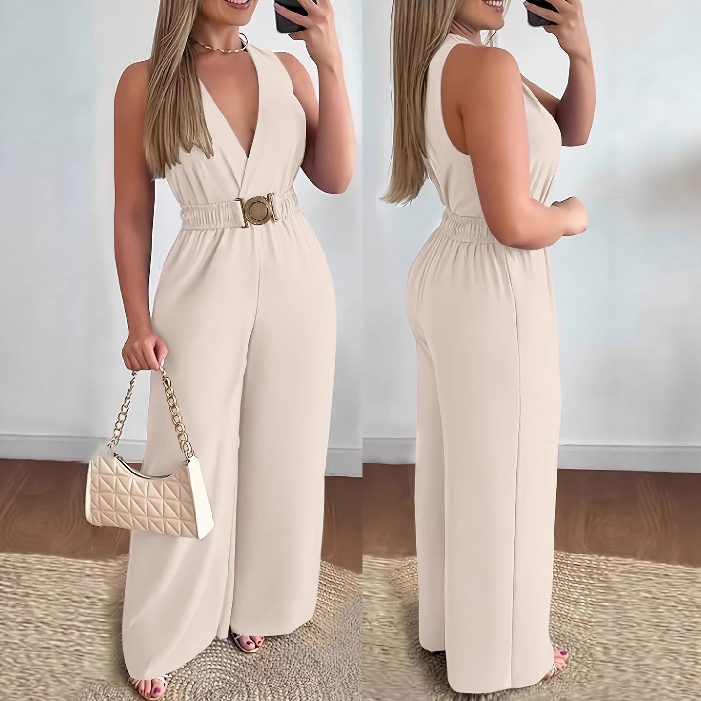 Womens Deep V-Neck Sleeveless Wide-Leg Jumpsuit