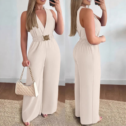 Womens Deep V-Neck Sleeveless Wide-Leg Jumpsuit