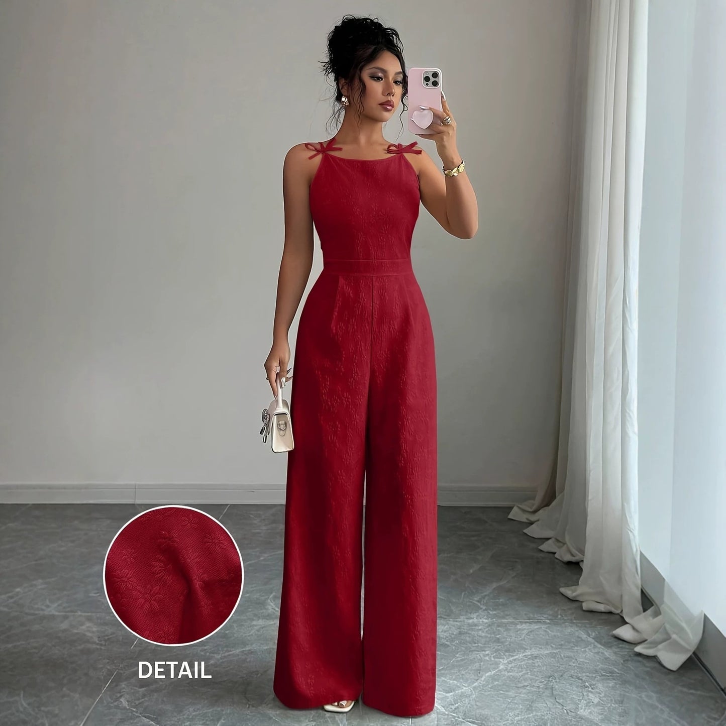 2026 Summer New European and American Cross-Border Jacquard Strap Fashion Casual Jumpsuit for Women with Bow Tie Waist and Wide-Leg Pants