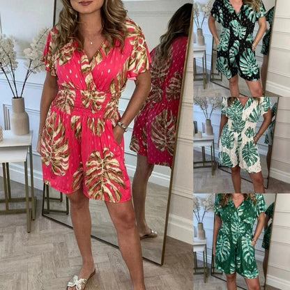 Womens Printed V-Neck Jumpsuit with Pockets