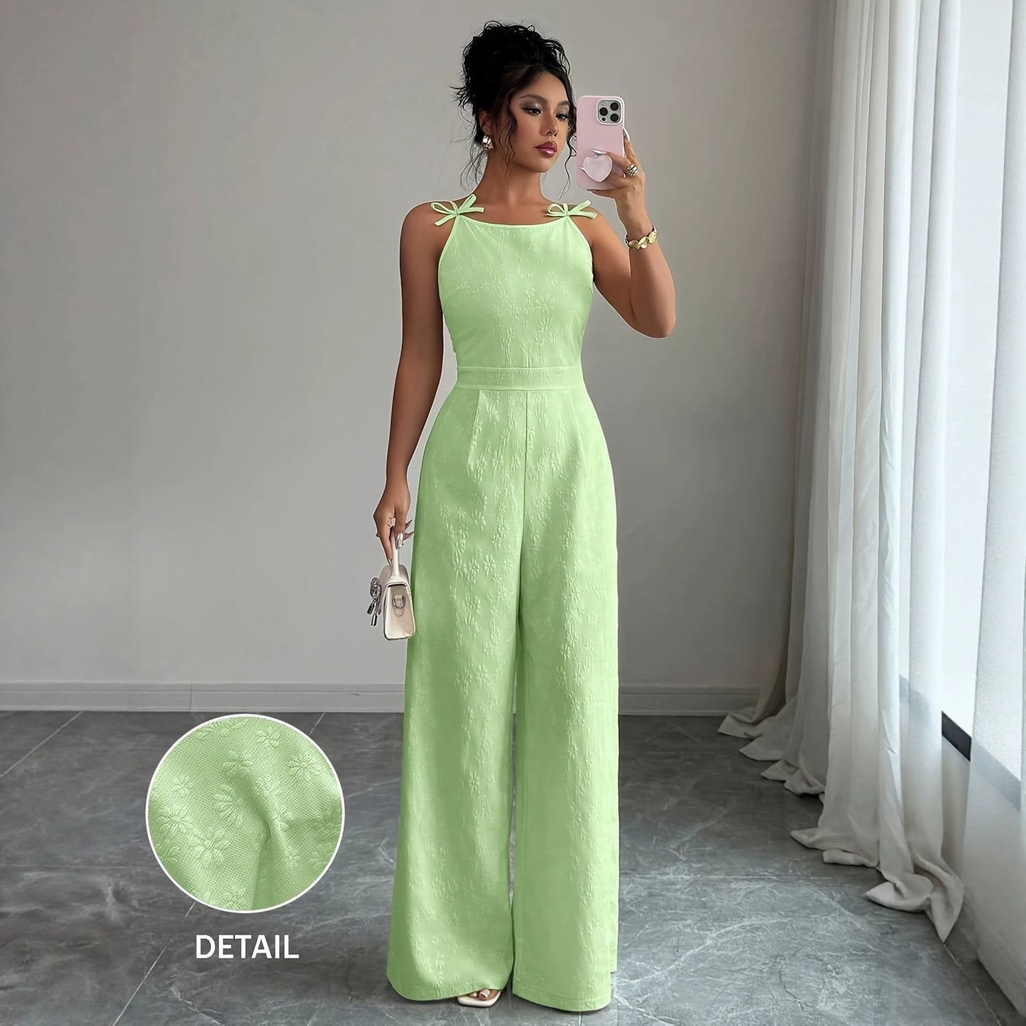2026 Summer New European and American Cross-Border Jacquard Strap Fashion Casual Jumpsuit for Women with Bow Tie Waist and Wide-Leg Pants