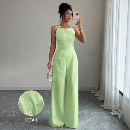 2026 Summer New European and American Cross-Border Jacquard Strap Fashion Casual Jumpsuit for Women with Bow Tie Waist and Wide-Leg Pants