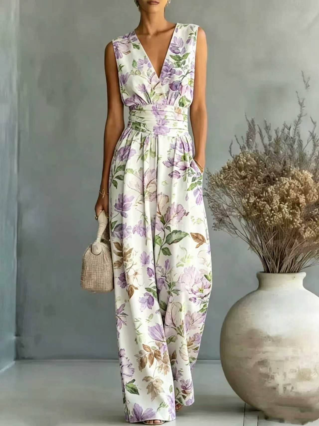 Womens Deep V-Neck Sleeveless Printed Jumpsuit