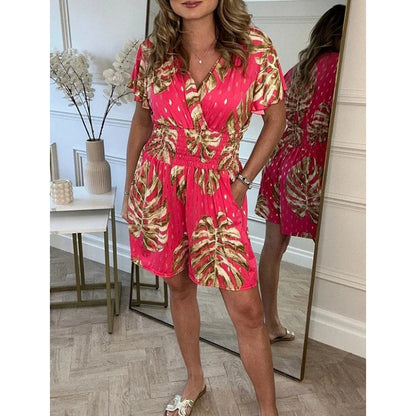 Womens Printed V-Neck Jumpsuit with Pockets