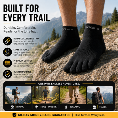 Black WRELS five-toe hiking socks worn on a rocky trail with callouts for durable construction, secure fit, premium comfort, blister defense, hiking, trail running, walking, travel, and a 60-day money-back guarantee.