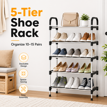 5-Tier Stackable Metal Shoe Rack with Hooks – Holds 10–15 Pairs