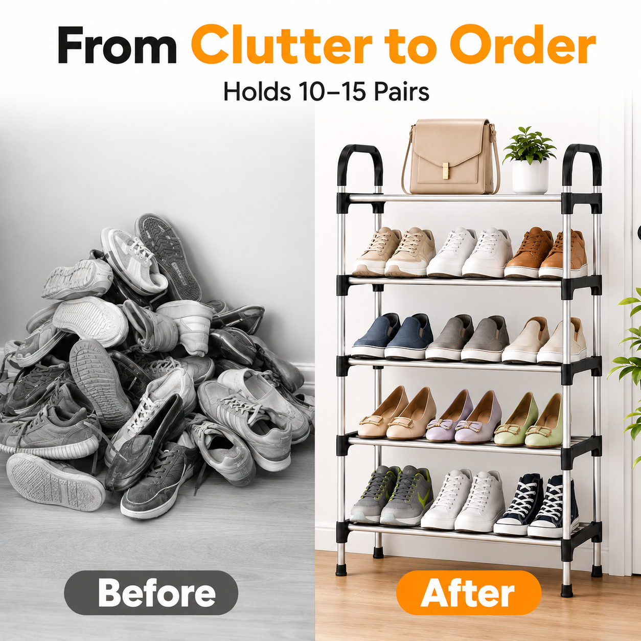 5-Tier Stackable Metal Shoe Rack with Hooks – Holds 10–15 Pairs