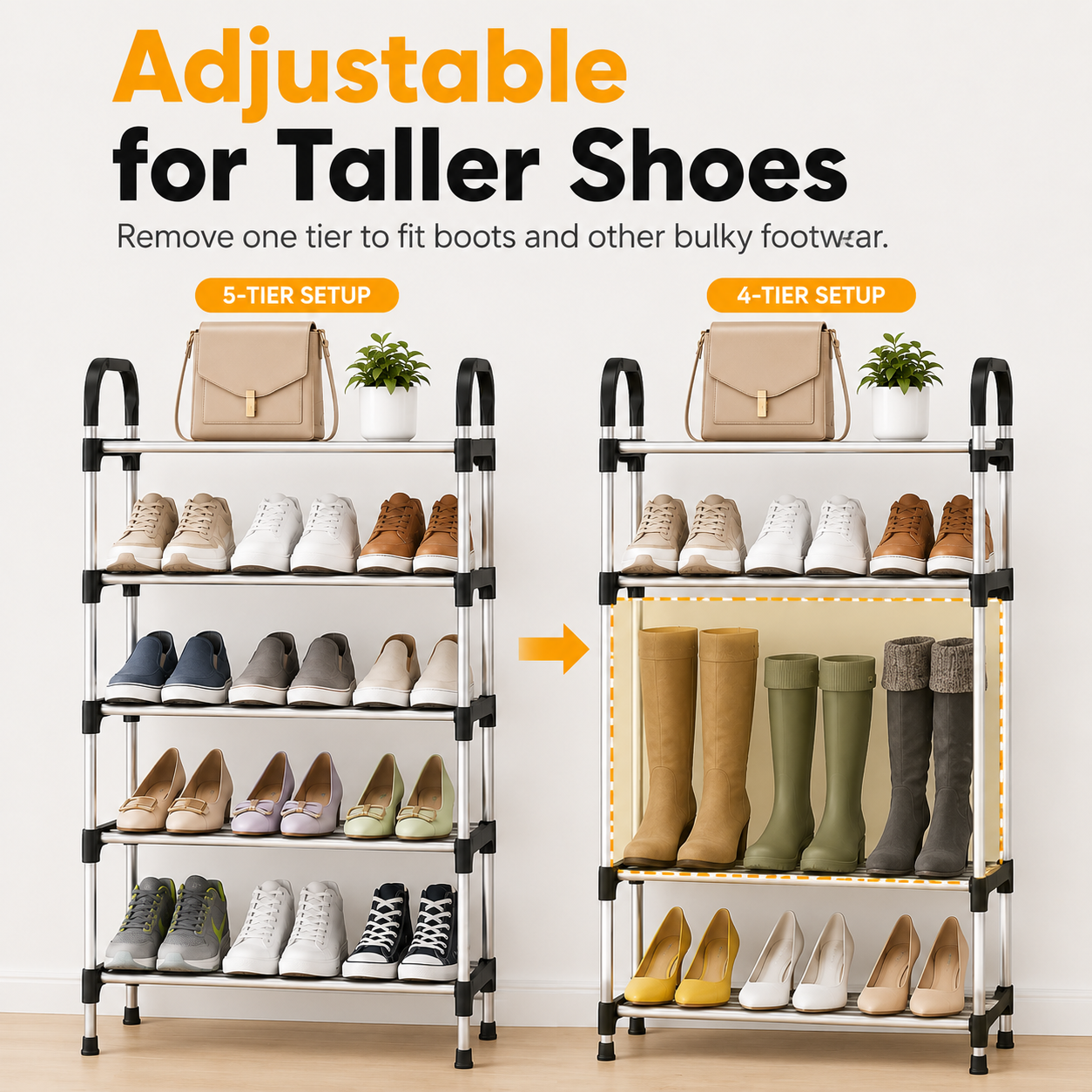 5-Tier Stackable Metal Shoe Rack with Hooks – Holds 10–15 Pairs