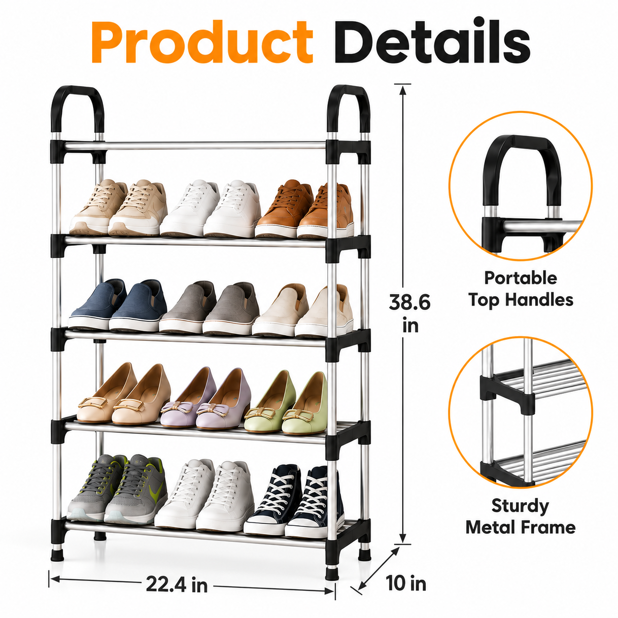 5-Tier Stackable Metal Shoe Rack with Hooks – Holds 10–15 Pairs