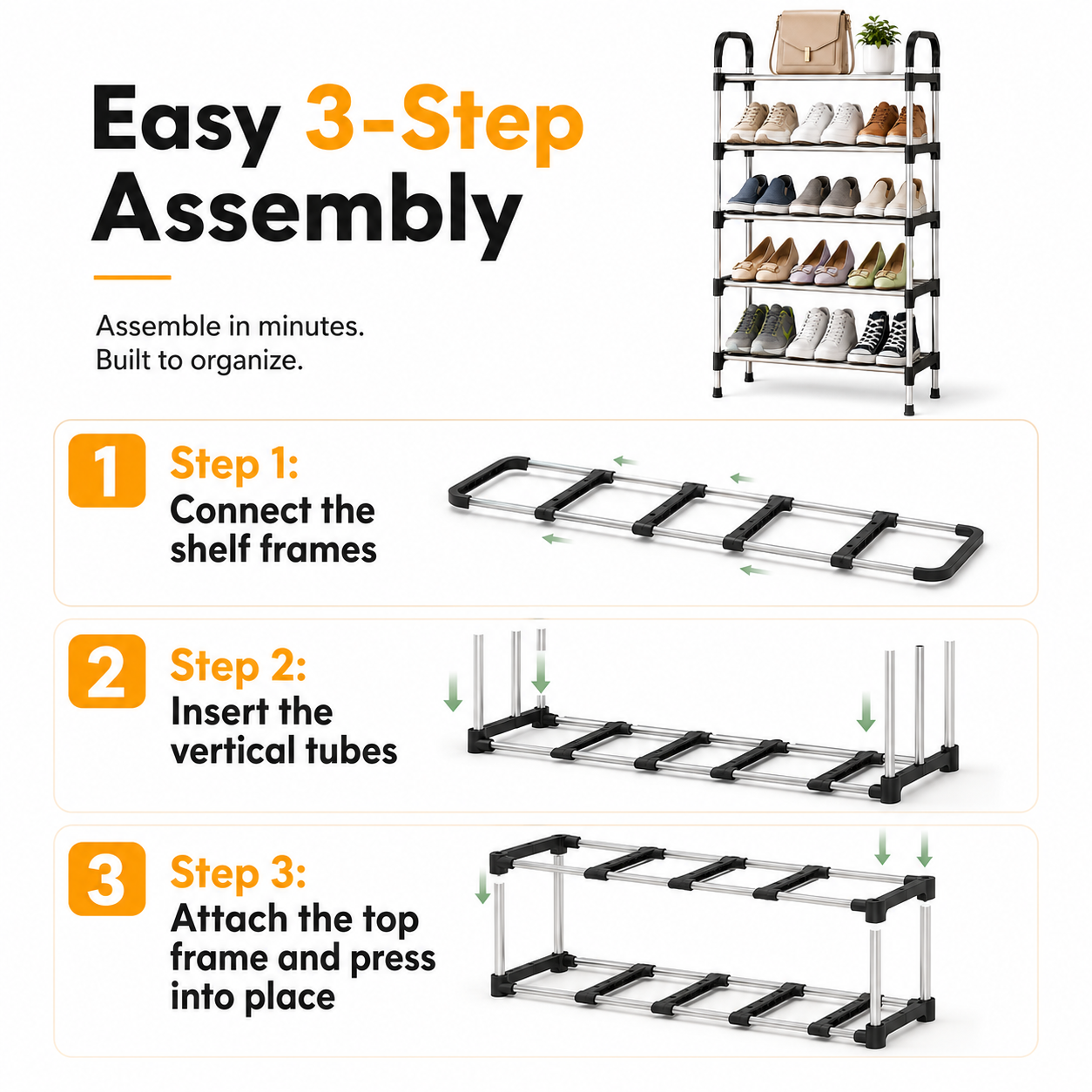 5-Tier Stackable Metal Shoe Rack with Hooks – Holds 10–15 Pairs