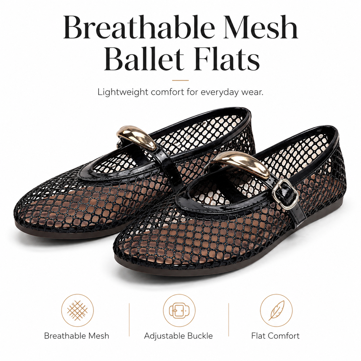 Women’s Breathable Mesh Mary Jane Ballet Flats – Round-Toe Buckle Strap Shoes