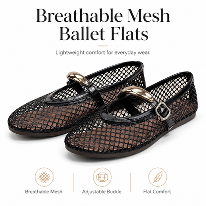 Women’s Breathable Mesh Mary Jane Ballet Flats – Round-Toe Buckle Strap Shoes