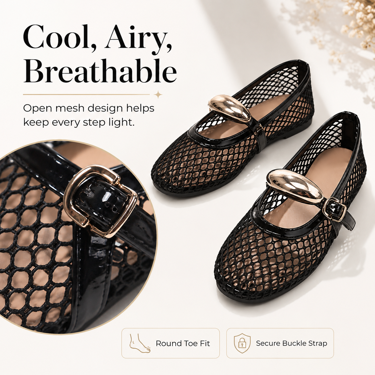 Women’s Breathable Mesh Mary Jane Ballet Flats – Round-Toe Buckle Strap Shoes