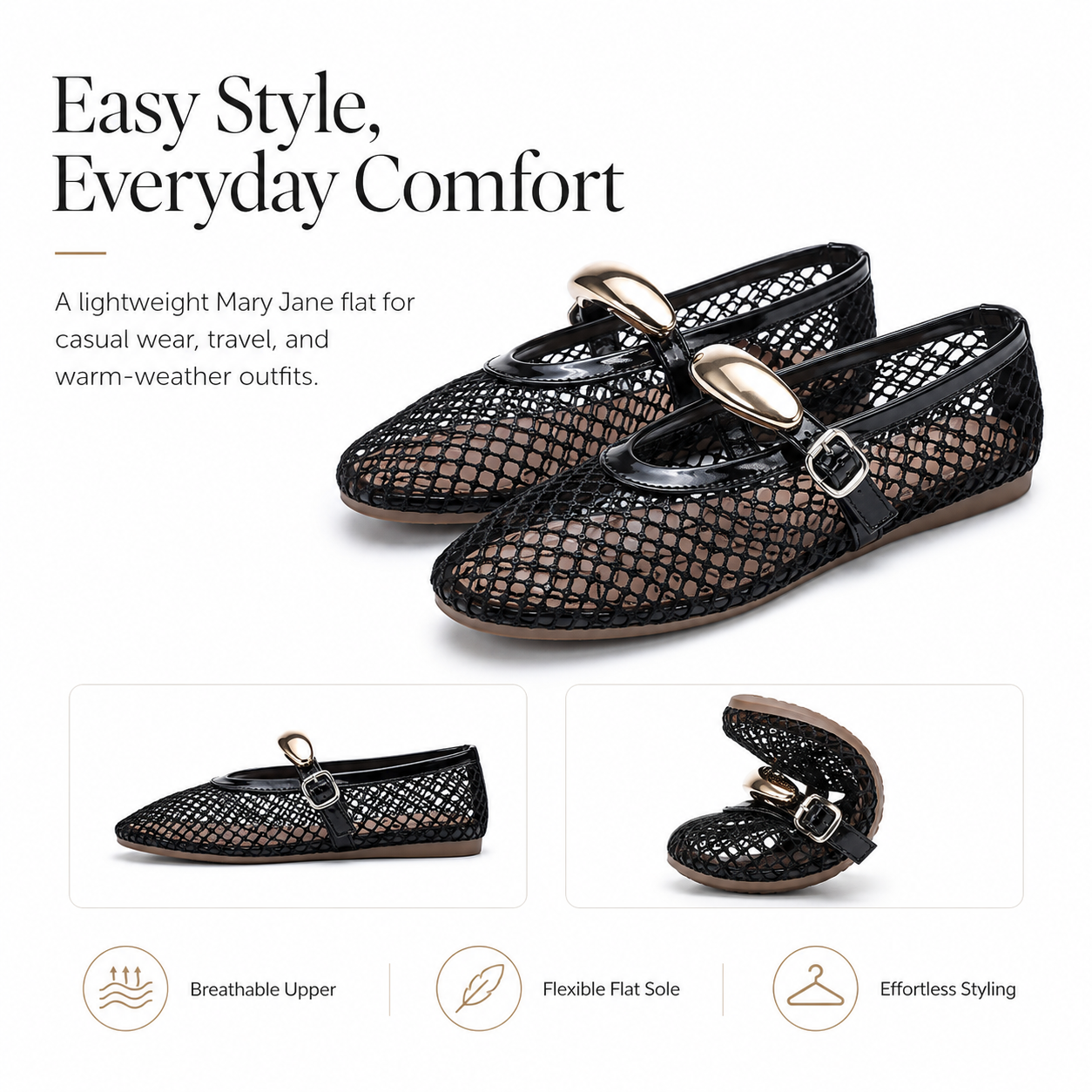 Women’s Breathable Mesh Mary Jane Ballet Flats – Round-Toe Buckle Strap Shoes
