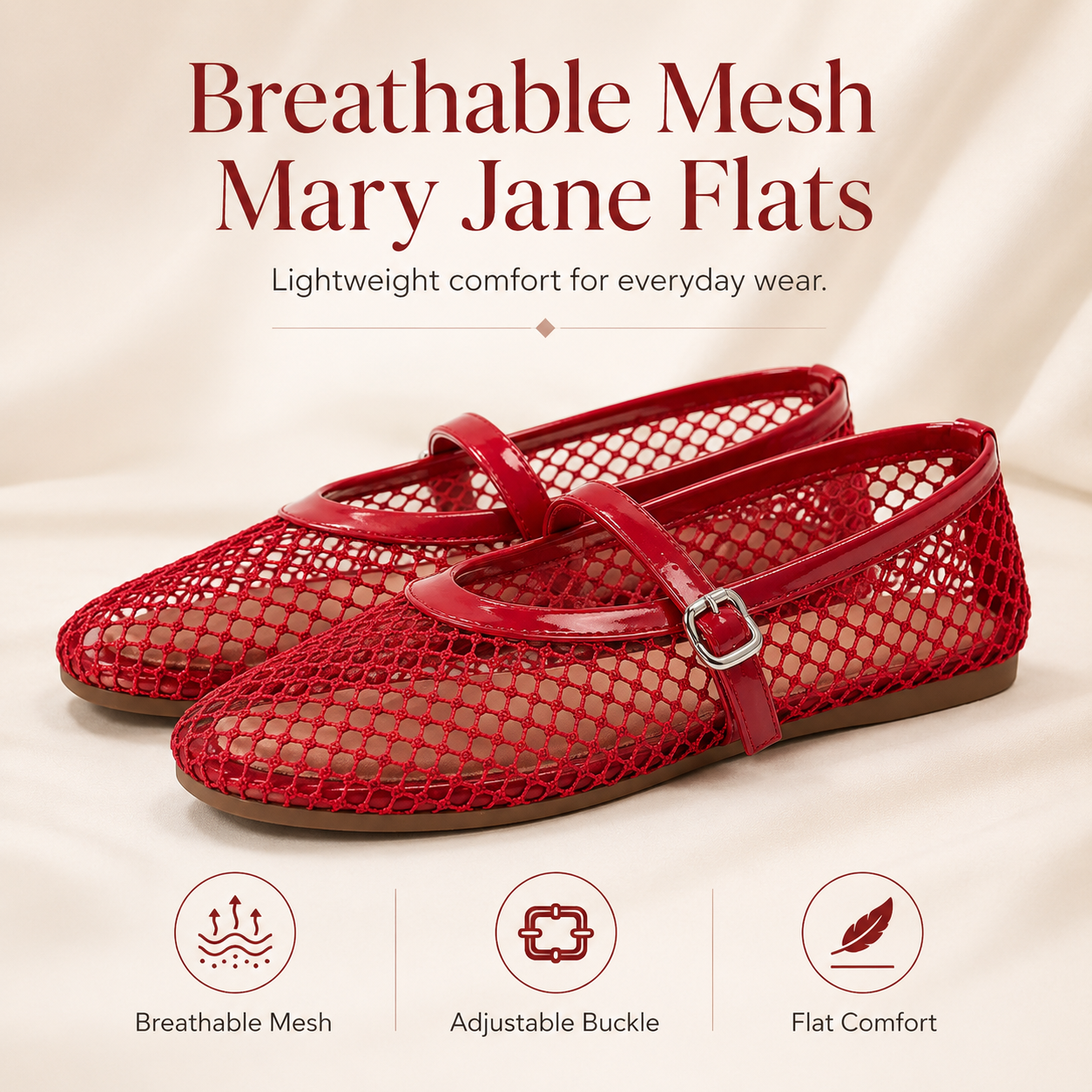 Women’s Breathable Mesh Mary Jane Ballet Flats – Round-Toe Buckle Strap Shoes
