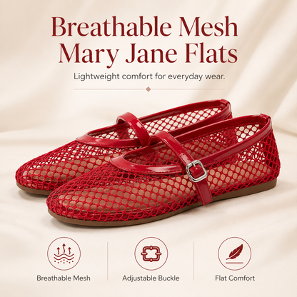 Women’s Breathable Mesh Mary Jane Ballet Flats – Round-Toe Buckle Strap Shoes