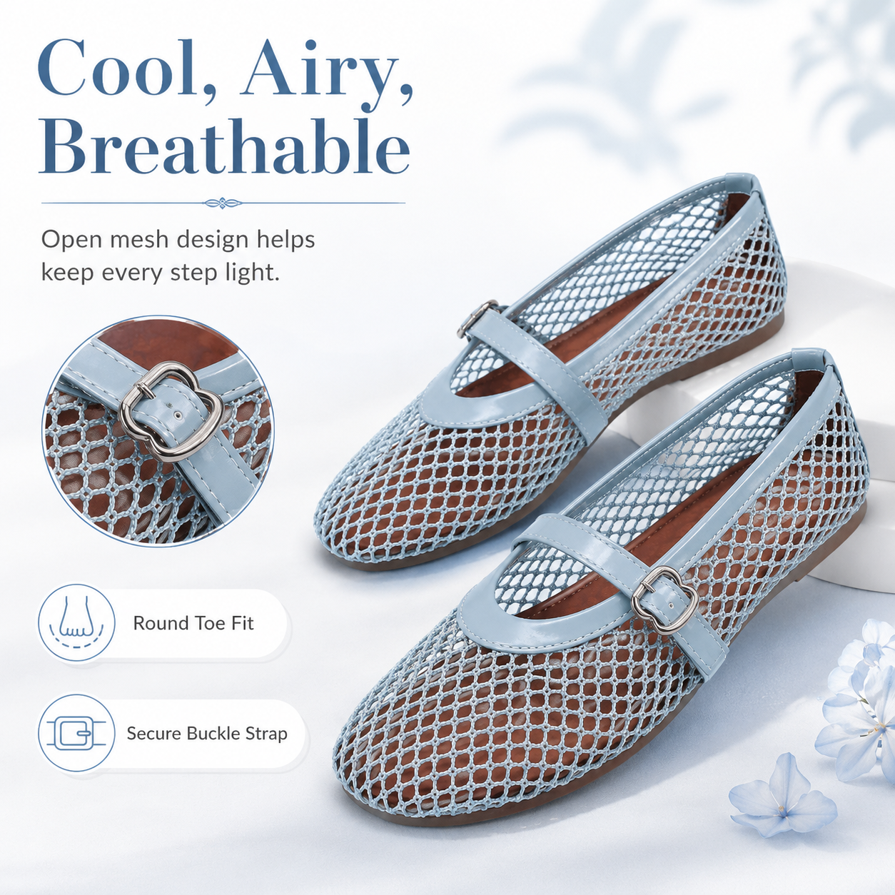 Women’s Breathable Mesh Mary Jane Ballet Flats – Round-Toe Buckle Strap Shoes