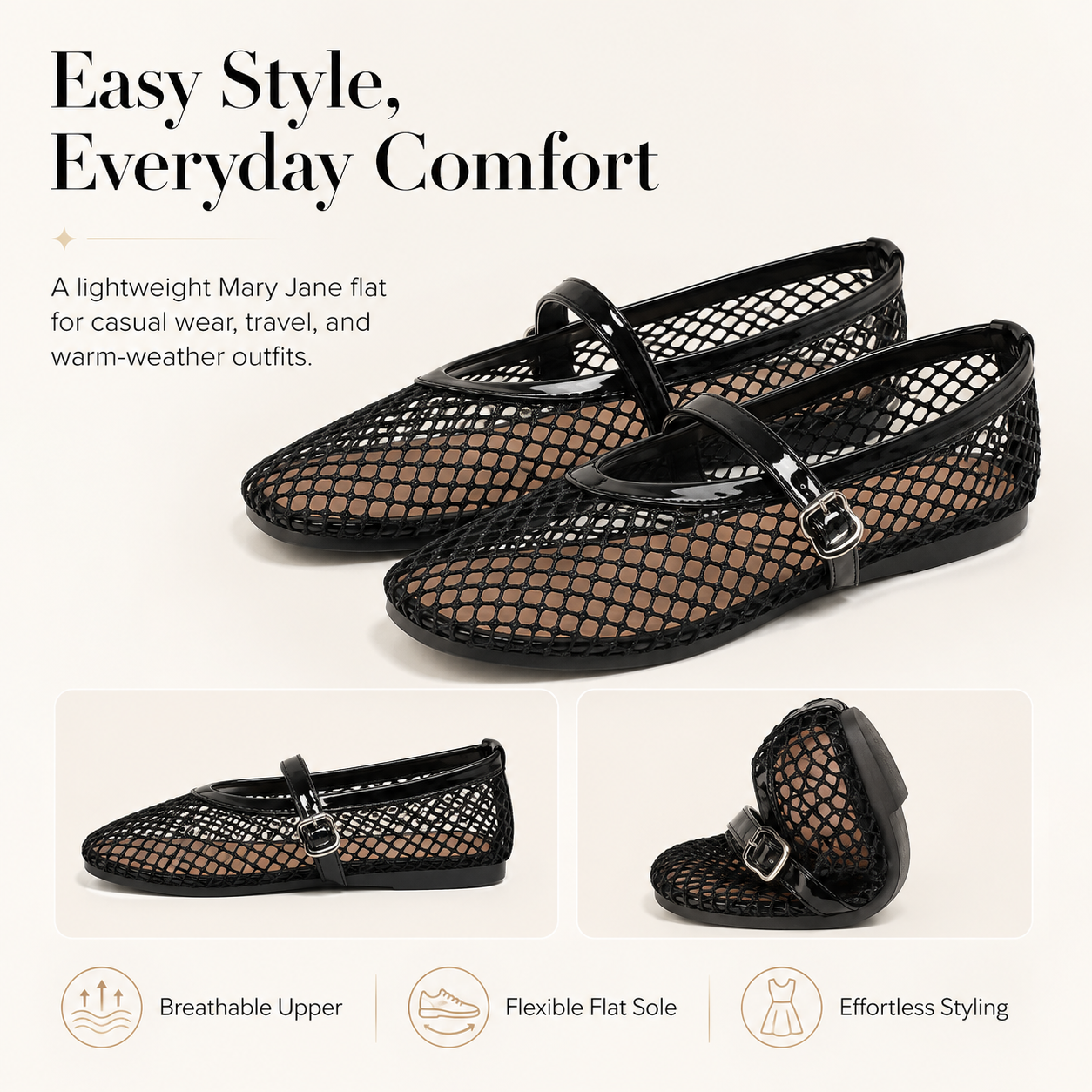 Women’s Breathable Mesh Mary Jane Ballet Flats – Round-Toe Buckle Strap Shoes