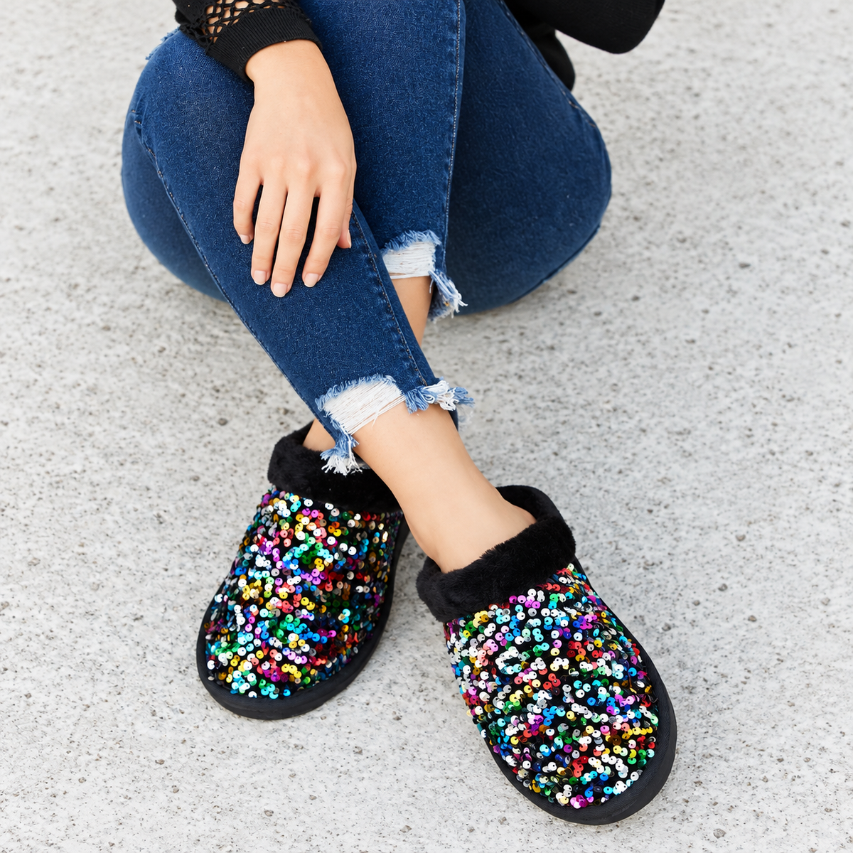 Forever Link Multicolored Sequin Faux Fur Slipper