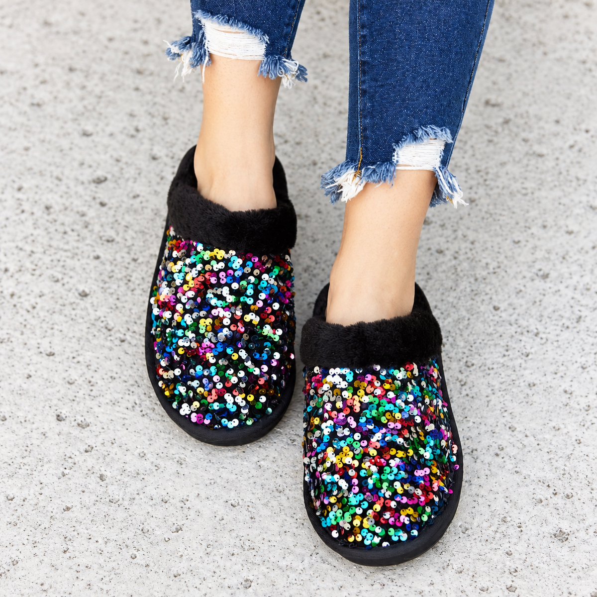 Forever Link Multicolored Sequin Faux Fur Slipper