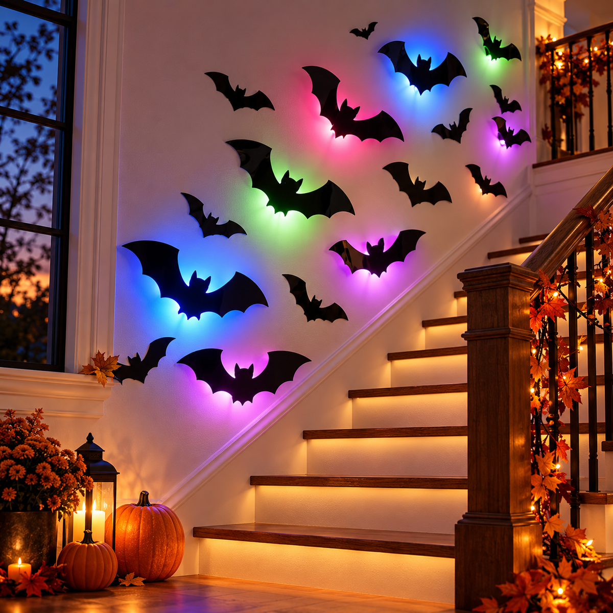 3D Glow Bat & Spider LED Wall Decor – Halloween Peel & Stick Set