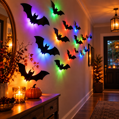 3D Glow Bat & Spider LED Wall Decor – Halloween Peel & Stick Set