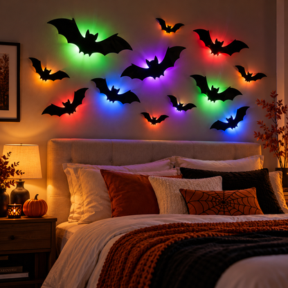 3D Glow Bat & Spider LED Wall Decor – Halloween Peel & Stick Set