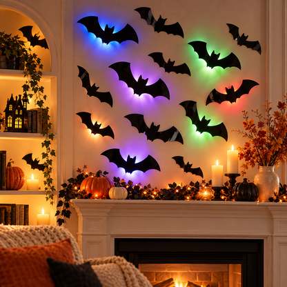 3D Glow Bat & Spider LED Wall Decor – Halloween Peel & Stick Set