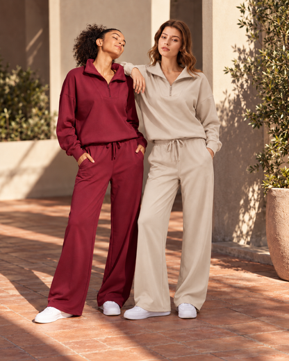 Women's Matching Set: Lapel Top & Wide Leg Pants