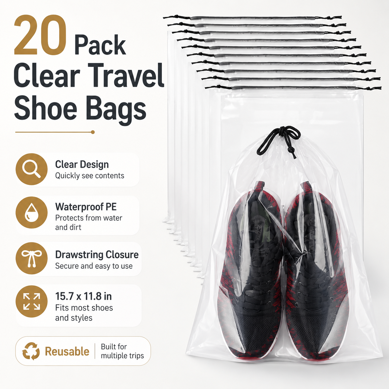 Clear Waterproof Travel Shoe Bags – 20 Pack