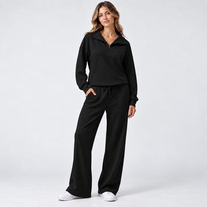 Women's Matching Set: Lapel Top & Wide Leg Pants