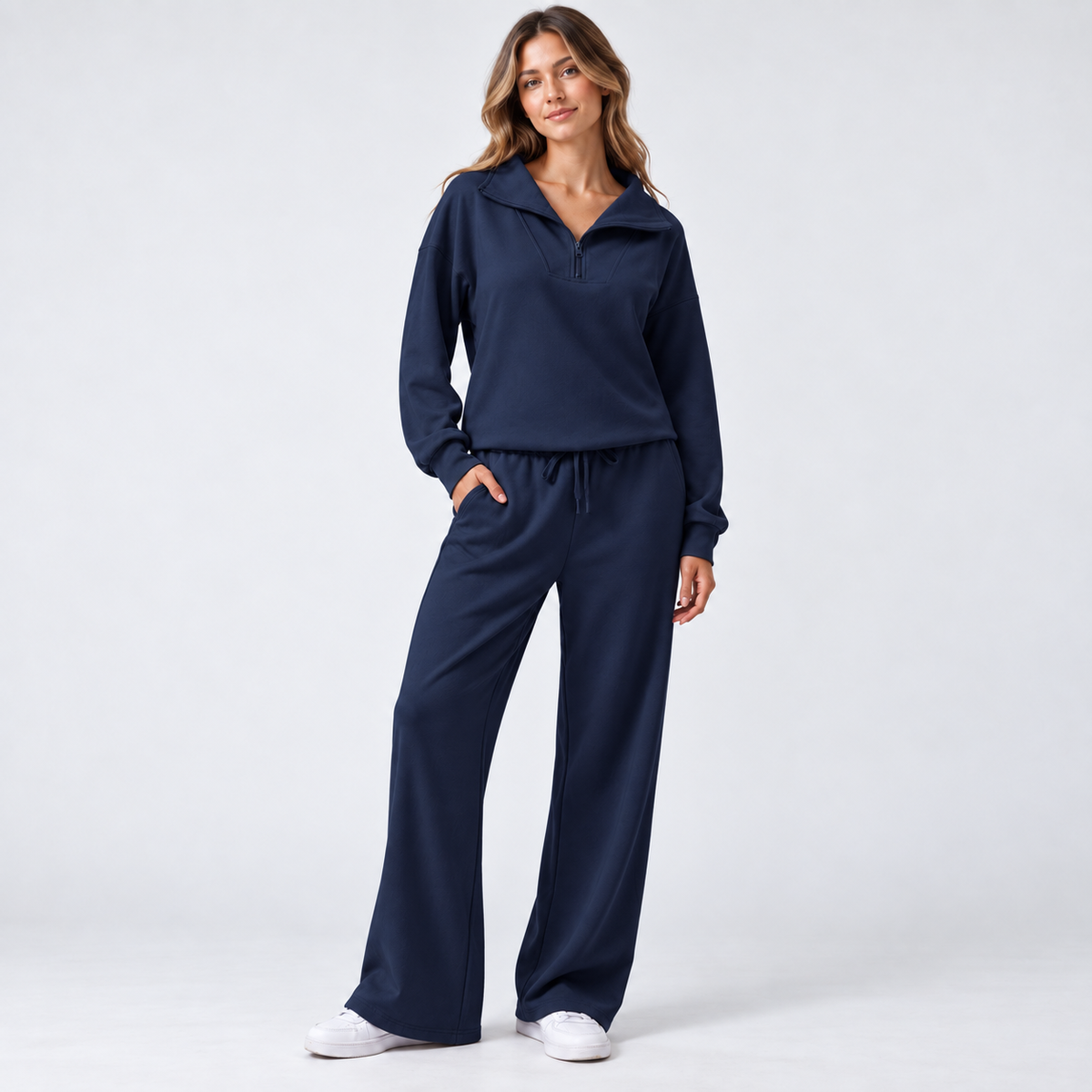 Women's Matching Set: Lapel Top & Wide Leg Pants