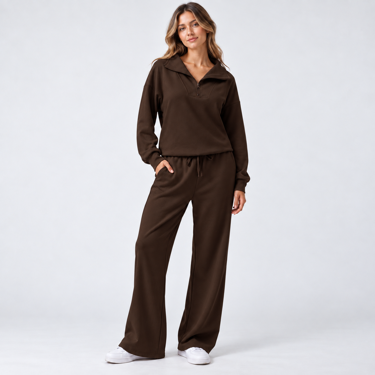 Women's Matching Set: Lapel Top & Wide Leg Pants