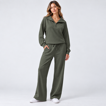 Women's Matching Set: Lapel Top & Wide Leg Pants