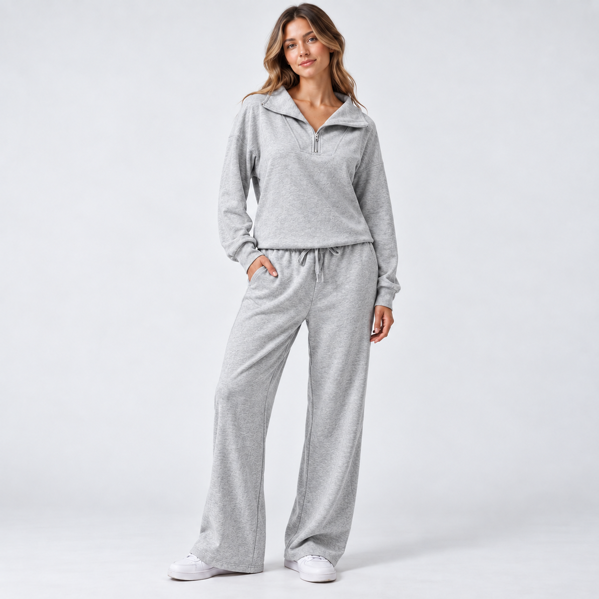 Women's Matching Set: Lapel Top & Wide Leg Pants