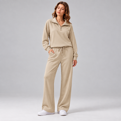 Women’s Relaxed Matching Set – Lapel Top & Wide-Leg Pants