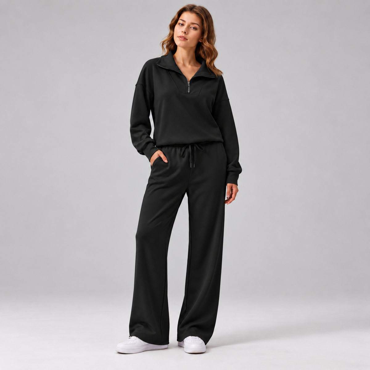 Women’s Relaxed Matching Set – Lapel Top & Wide-Leg Pants
