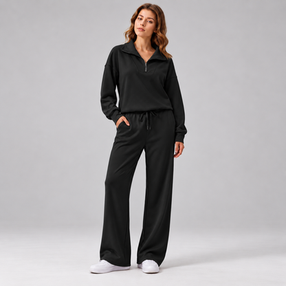 Women’s Relaxed Matching Set – Lapel Top & Wide-Leg Pants