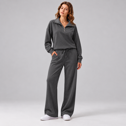 Women’s Relaxed Matching Set – Lapel Top & Wide-Leg Pants