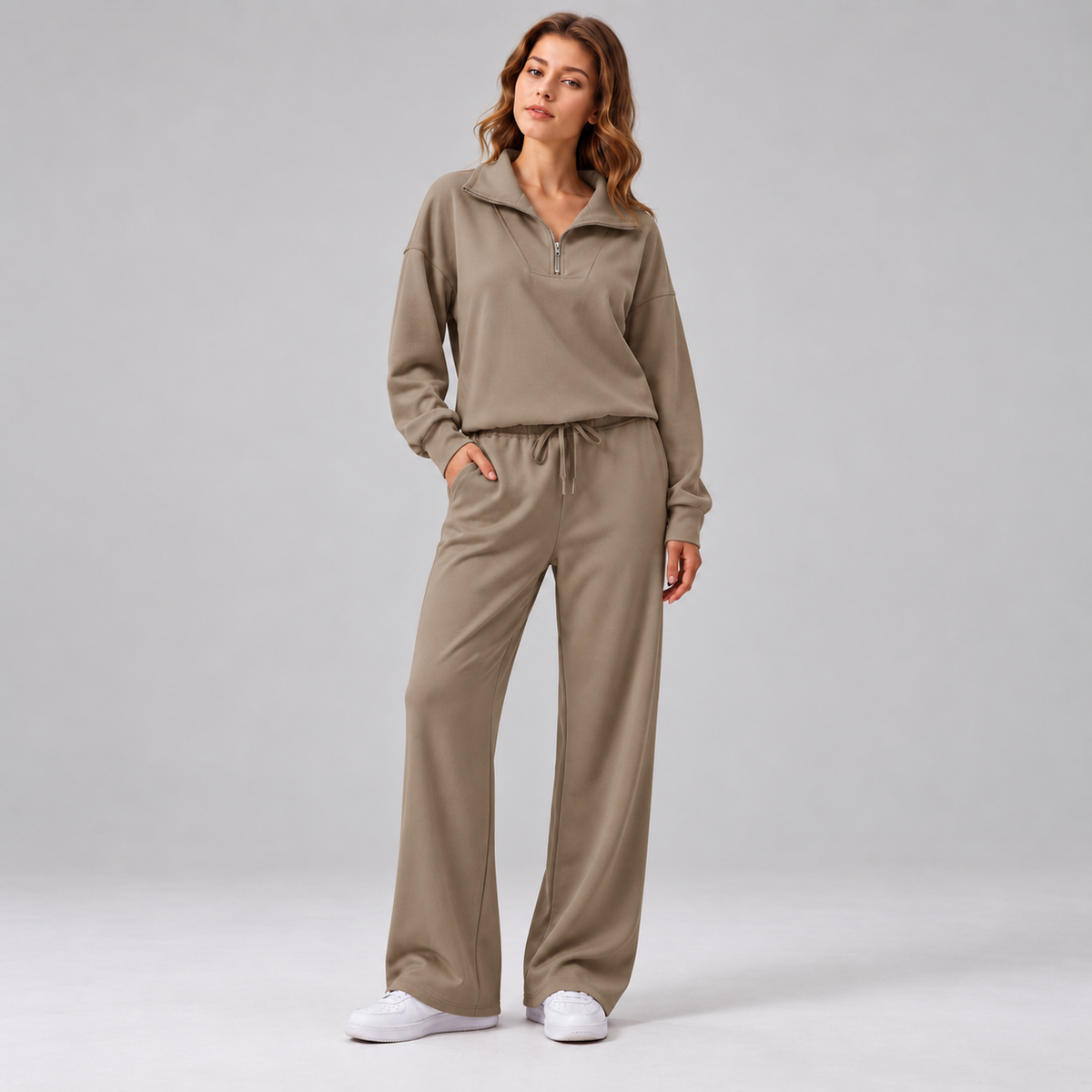 Women’s Relaxed Matching Set – Lapel Top & Wide-Leg Pants