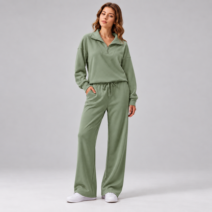 Women’s Relaxed Matching Set – Lapel Top & Wide-Leg Pants